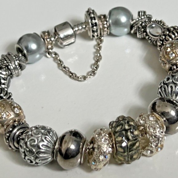 EUROPEAN STYLE CHARM BRACELET with BEADS, Safety Chain, 8.5" Long - Picture 5 of 6